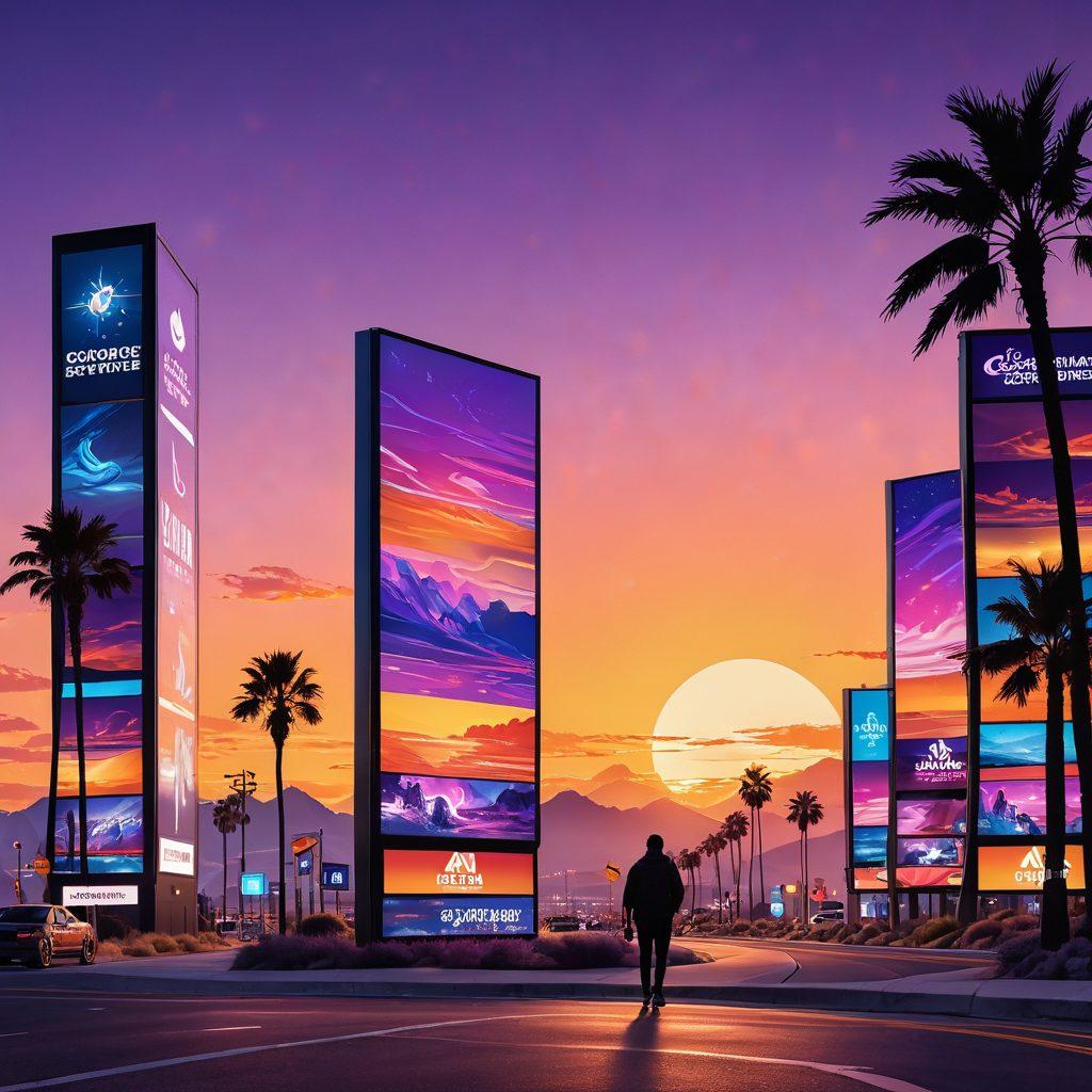 A dynamic, abstract landscape featuring towering, colorful digital billboards showcasing various adult video platforms. The foreground includes a guidebook with a compass and navigation tools, symbolizing exploration. In the background, there's a sunset with vibrant hues of orange and purple, casting a warm glow over the scene. Include playful elements representing diversity and inclusivity within the adult industry. 3D, vibrant colors, modern aesthetic.