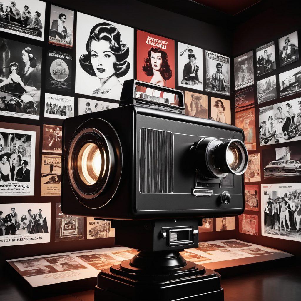 A timeline illustration depicting the evolution of adult entertainment, showcasing a progression from vintage black-and-white films to modern high-definition productions. Include elements like an old projector, immersive VR headset, and smartphones, set against a vibrant backdrop filled with iconic adult film posters through the decades. The style should be a blend of retro and modern, with playful yet sophisticated visuals. 3D. vibrant colors.