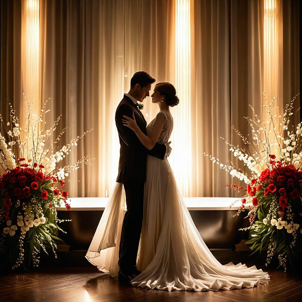 A visually captivating scene featuring a couple in an intimate embrace, with subtle hints of elegance and allure. Soft, ambient lighting creates a warm atmosphere while luxurious textures and rich colors accentuate the beauty of human connection. A tastefully arranged backdrop of sumptuous fabrics and delicate flowers enhances the romantic tone without being explicit. Include elements of fantasy, such as light sparkles or ethereal wisps, to evoke a dreamlike quality. elegant art deco. soft focus. vibrant colors.